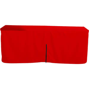 A red fitted table cloth with a zipper back designed for a 6ft table, featuring a logo.
