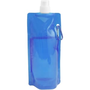 A drink bottle in blue, featuring a collapsible design and a carabiner clip. It has a spout on top.