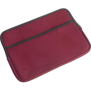 A maroon laptop bag with a black zipper and grey trim, featuring a slim design and two outer pockets.