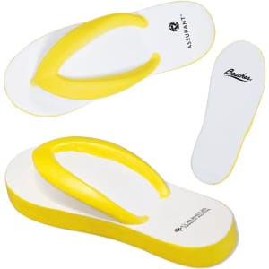 A yellow and white stress reliever shaped like a pair of flip-flops, featuring a logo on one side.