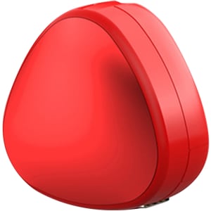 A red, triangular portable charging cable with a sleek design and a logo on the surface.