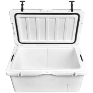 A white 65L cooler box with an open lid, featuring a black interior and two sturdy handles.