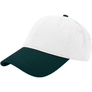 A solid colour cap featuring a white crown and a dark green brim. It has a logo on the front.