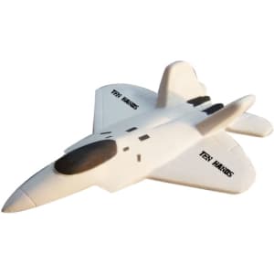 A white stress reliever in the shape of a jet, featuring a logo on the body.