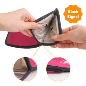 A lockable phone pouch with a pink exterior and beige interior, featuring hand openings and a logo.