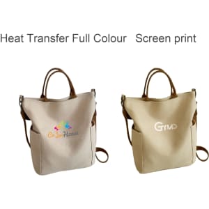 A vintage style canvas bag in beige with dual handles and a logo. Features options for heat transfer and screen print.