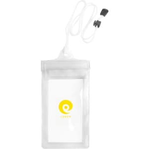 Clear waterproof phone bag with a neck string, featuring a logo, suitable for protecting devices from water.