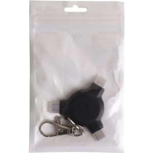 A black 3-in-1 ABS data blocker with a keyring, packaged in a clear plastic bag.
