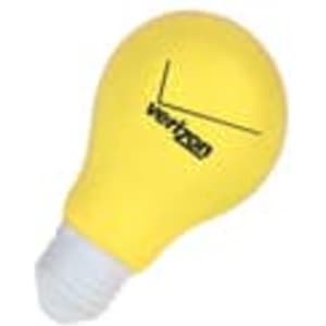 A yellow bulb-shaped stress reliever with a white base and a logo.
