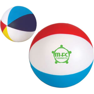 A colourful beach ball-shaped stress reliever featuring red, blue, yellow, and purple sections, with a logo.