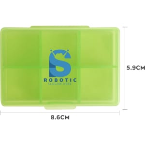 A green square pill box with six compartments, featuring a logo on the surface. Dimensions are 8.6cm x 5.9cm.