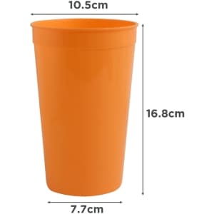 An orange plastic stadium cup, measuring 16.8cm in height and 10.5cm in diameter, featuring a branding logo.