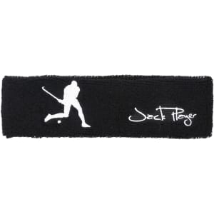 A black headband with a white logo and a silhouette design, categorised as headwear.