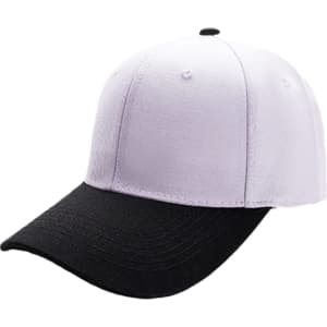 A 6 panel adjustable baseball cap featuring a white crown and a black peak, with a logo on the front.