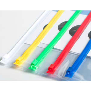A transparent A4 file bag featuring coloured zippers in yellow, green, red, and blue. It includes a branding logo.