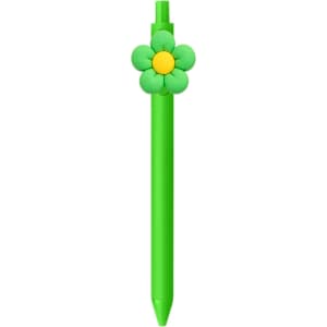 A green pen with a flower-shaped top featuring yellow accents and a branding logo.
