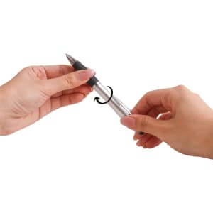 A silver stylus pen with a black grip is being held between two hands, demonstrating its features.