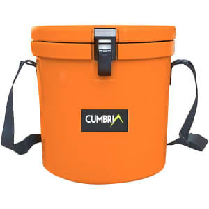An orange 12L ice bucket featuring a handle and a logo.