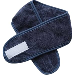 A dark blue promotional headband made of soft material, featuring a patch for attaching logos or branding.