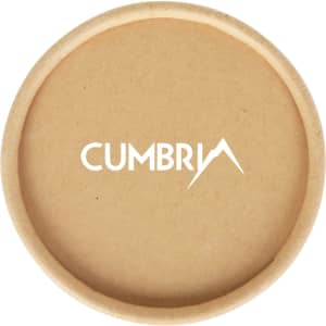 A small cylindrical paper box in natural brown with a logo on the top. Dimensions are 65 x 130mm.