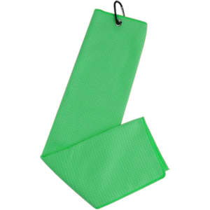 A green waffle golf towel with a hanging clip, featuring a textured design.