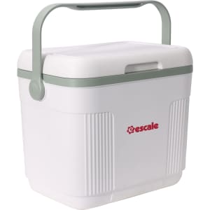 A 22L cooler box in white with a green handle, featuring a logo on the front.