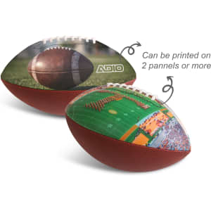 A promotional American football featuring a textured brown surface and vibrant printed graphics. It includes a logo.