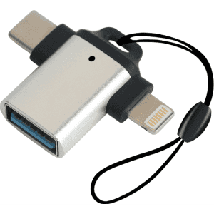 A silver USB 3.0 to USB C Lightning OTG adapter with a black tether.