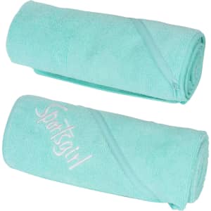 Two rolled embroidery sport towels in a light teal colour, featuring a logo on one towel.