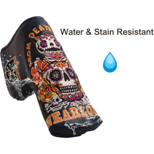 A custom blade putter cover in black with colourful skull designs, featuring water and stain resistant material.