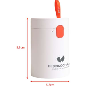 A white cleaning kit container with an orange button and a looped handle, featuring a logo. Dimensions are provided.