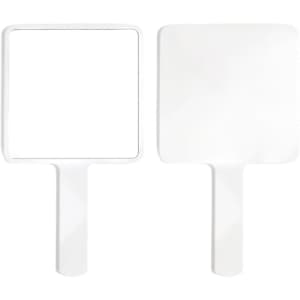 A handheld square mirror in white with a smooth surface and a simple handle, featuring two mirrored sides.