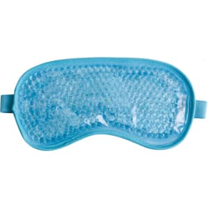 A gel eye mask in light blue, featuring a textured surface and an adjustable strap, with a logo visible.