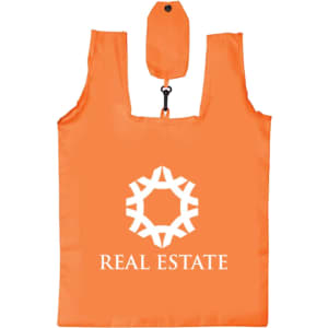 An orange foldable shopping tote bag with a logo and a small pouch for compact storage.