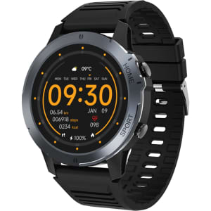A round smartwatch in black with a digital display featuring several stats and icons. It has a sporty black strap and a logo.