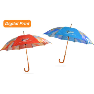Two RPET wooden umbrellas with curved handles, one in red and the other in blue, featuring colourful designs and a logo.