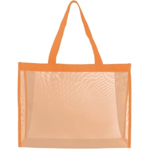 An orange transparent mesh tote bag with two sturdy handles and a spacious, open design.