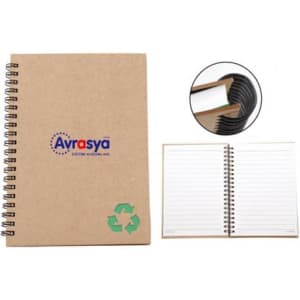 A brown spiral-bound notebook with a logo, featuring lined pages and a green recycling symbol.