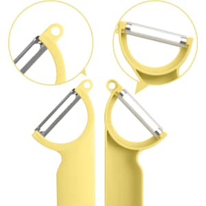 A yellow peeler with a stainless steel blade, featuring close-up views of the blade and handle.