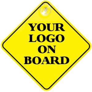 A yellow diamond-shaped warning sign with a suction cup, featuring a placeholder for a logo.