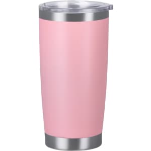 A drink bottle designed in pink with a stainless steel base and a clear lid, featuring a logo.