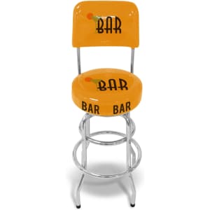 A yellow bar stool with a backrest featuring the word "BAR" and a chrome base. It has a round padded seat.