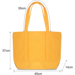 A yellow canvas zippered tote shoulder bag with dimensions of 55cm x 45cm x 14cm. Features sturdy handles and a logo.