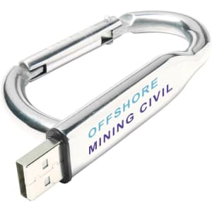 A silver carabiner-shaped USB flash drive featuring a logo and engraved text.
