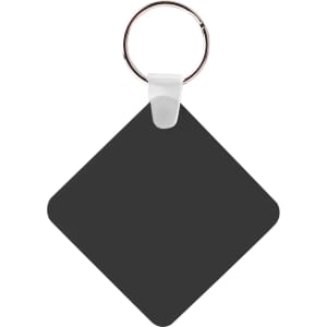 A square, black keyring with a metal ring for attachment. The keyring has a smooth surface and a white clip.