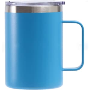 A drink bottle with a blue stainless steel body, a handle, and a transparent lid. Features a logo.