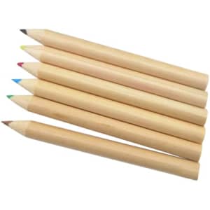 A set of six unsharpened wooden coloured pencils in various colours, including red, green, blue, and brown.