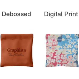 A small pocket cosmetic bag in brown with debossed design and a multicoloured floral print option. Both feature branding.