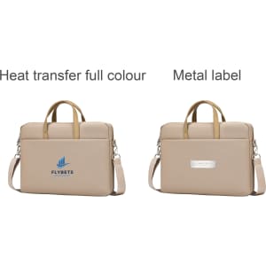 A beige laptop bag with handles and a detachable strap features a logo and metal label design.