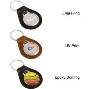 A collection of three PU leather keyrings in black and brown, featuring metal accents and various design options.